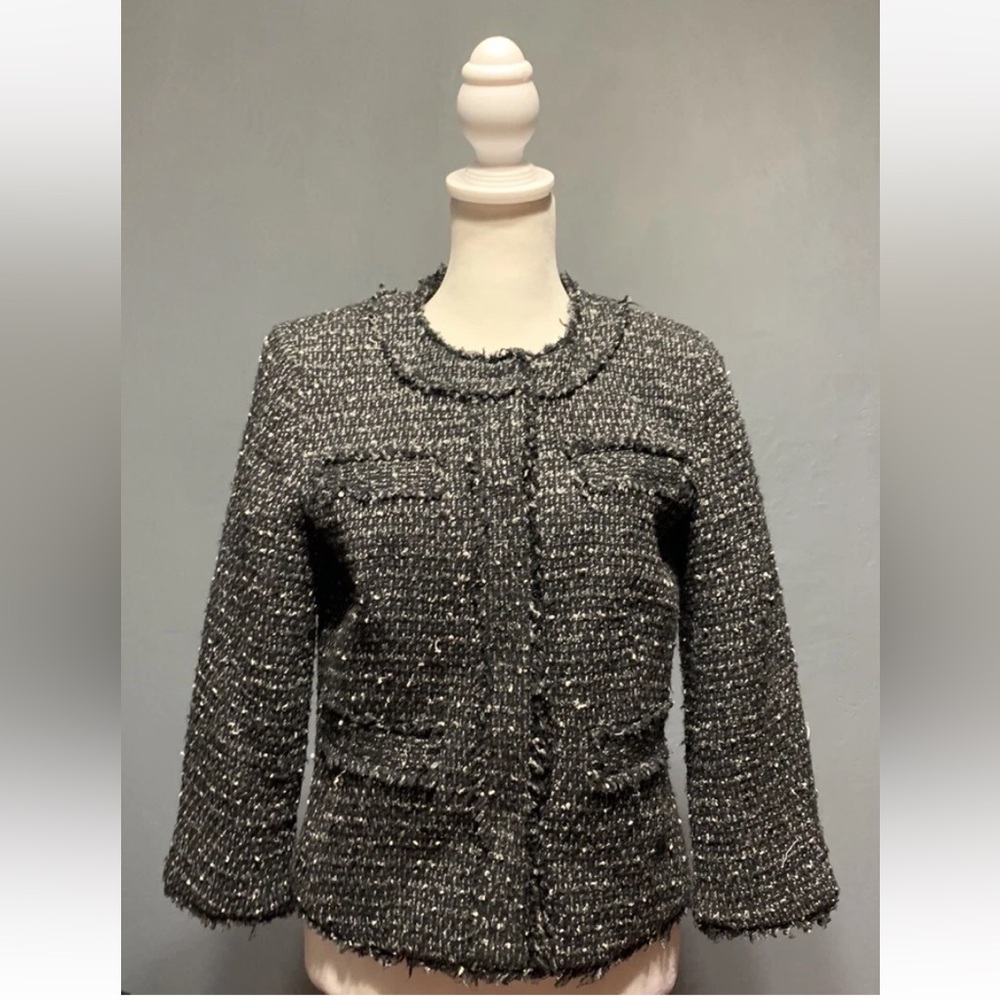 Michael Kors Women's Sz 0 Black Tweed Frayed Button Front Jacket